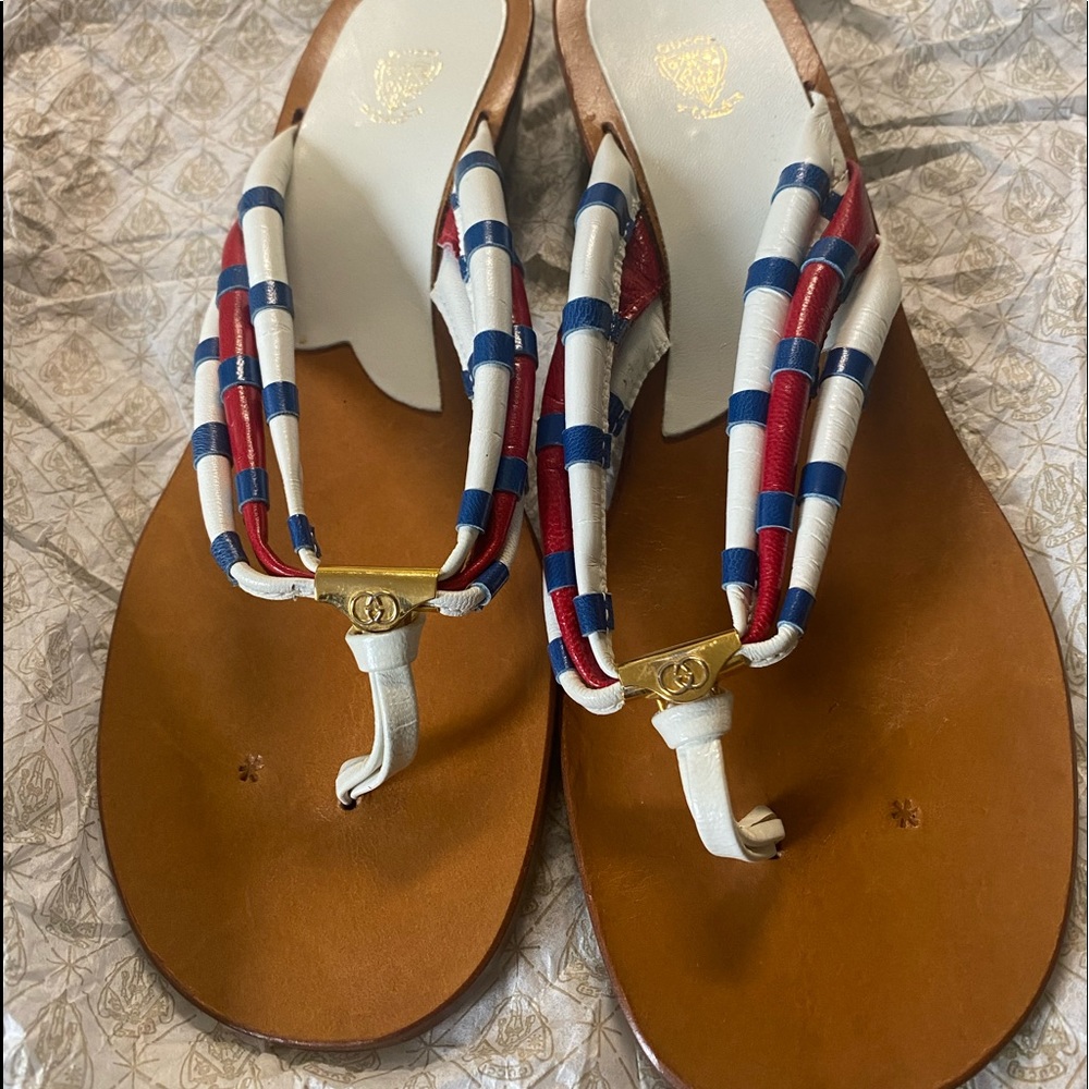 Authentic Gucci red white & blue thong sandal .